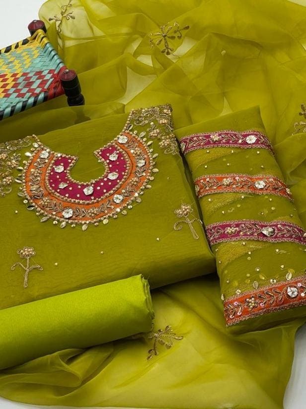 3-Piece Women's Unstitched Organza Embroidered Suit – Elegant & Luxurious