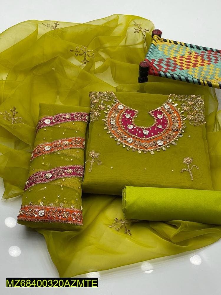 3-Piece Women's Unstitched Organza Embroidered Suit – Elegant & Luxurious