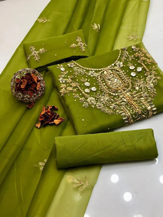 3-Piece Women's Unstitched Hand Work Suit – Elegant & Stylish