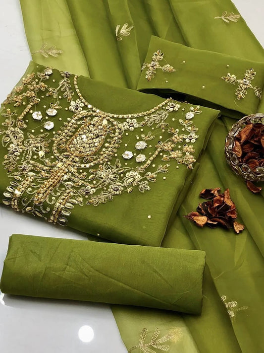 3-Piece Women's Unstitched Hand Work Suit – Elegant & Stylish