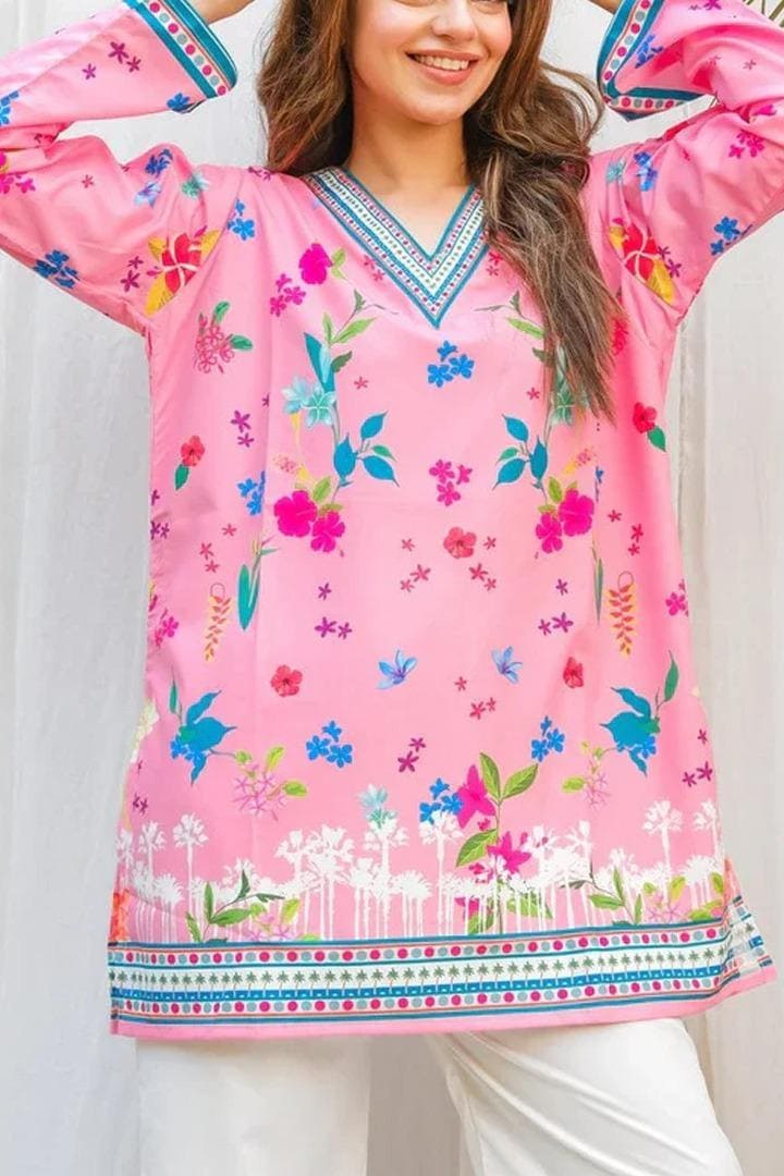 2-Piece Women's Stylish V-Neck Printed Shirt & Plain Trouser Set – Elegant & Comfortable