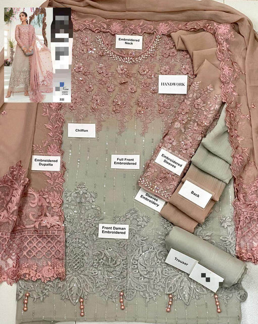 Exquisite 3 Pcs Chiffon Embroidered Suit – Pink