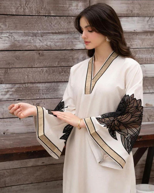 2 Pcs Women's Embroidered Linen Suit (Shirt & Trouser)