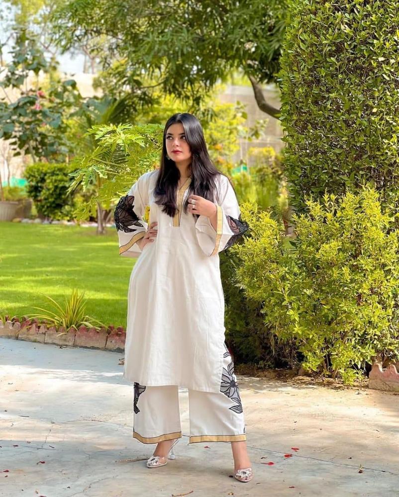 2 Pcs Women's Embroidered Linen Suit (Shirt & Trouser)