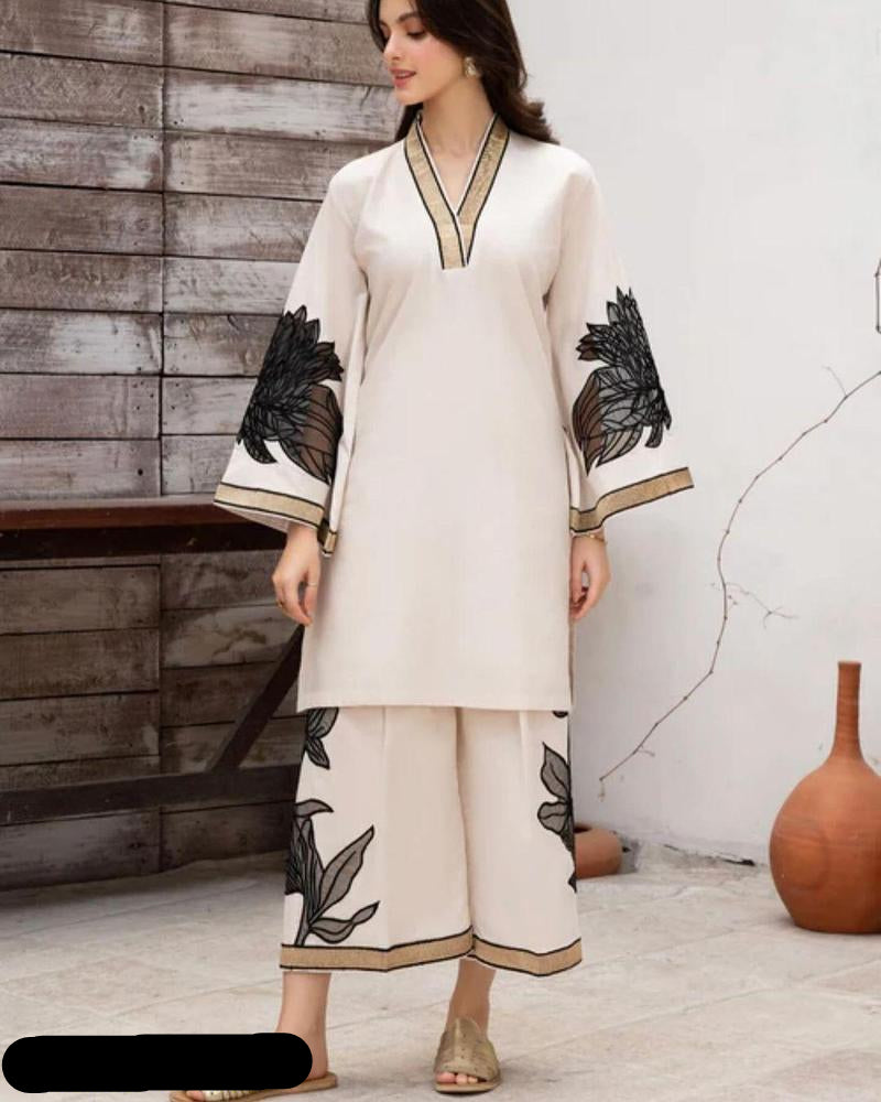2 Pcs Women's Embroidered Linen Suit (Shirt & Trouser)