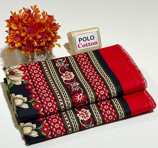 2-Piece Women’s Unstitched Printed Polo Cotton Suit – Red