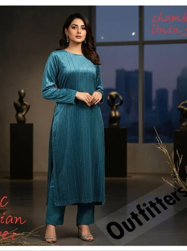 2-Piece Women’s Unstitched Plain Velvet Suit – Blue