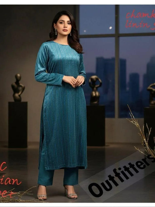 2-Piece Women’s Unstitched Plain Velvet Suit – Blue