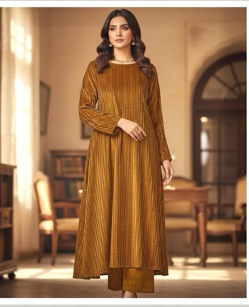 2-Piece Women’s Unstitched Plain Velvet Suit – Golden