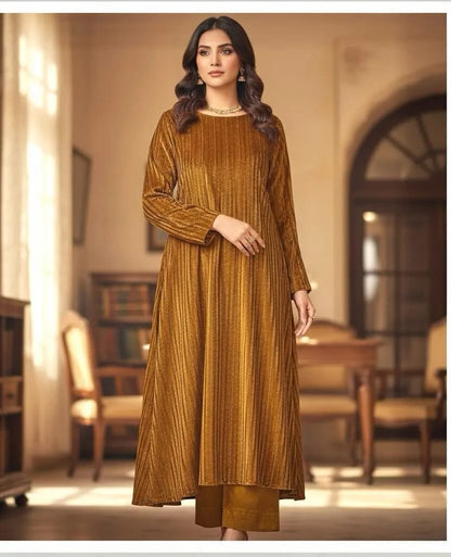 2-Piece Women’s Unstitched Plain Velvet Suit – Golden