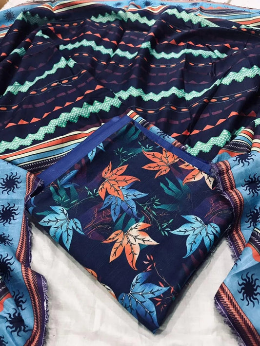 3-Piece Women’s Unstitched Printed Khaddar Suit – Blue