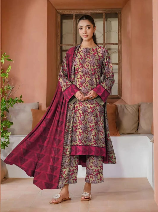 3-Piece Women’s Unstitched Printed Khaddar & Wool Suit – Green