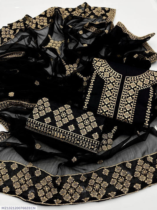 2-Piece Women’s Unstitched Hand-Embroidered Organza Suit – Black