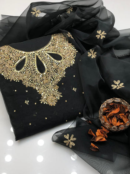 3-Piece Women’s Unstitched Hand-Embroidered Organza & Katan Silk Suit – Black