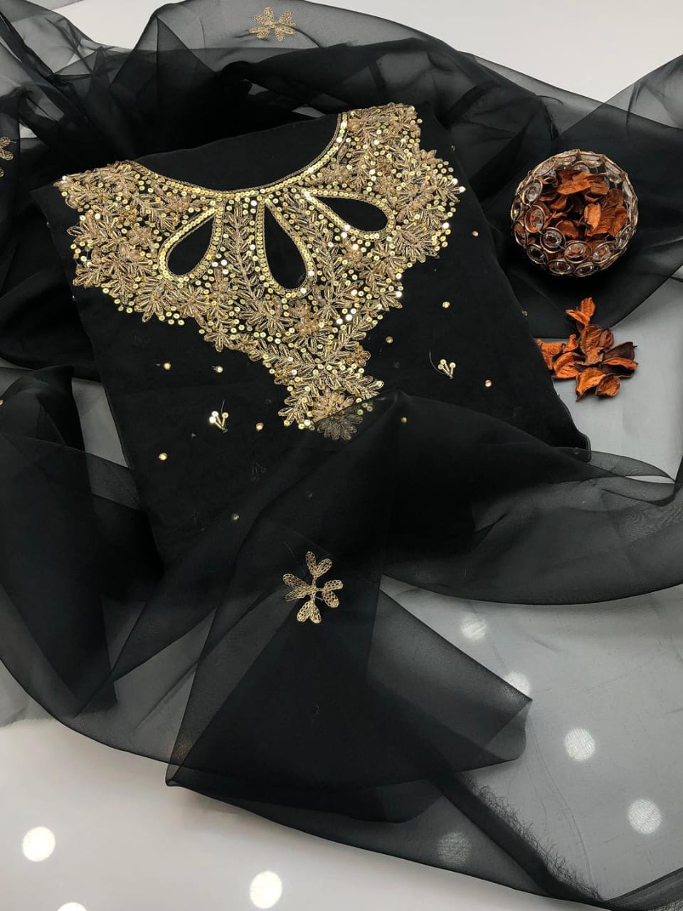 3-Piece Women’s Unstitched Hand-Embroidered Organza & Katan Silk Suit – Black