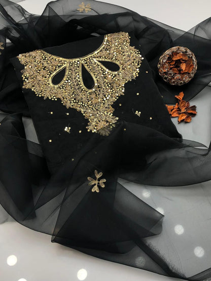 3-Piece Women’s Unstitched Hand-Embroidered Organza & Katan Silk Suit – Black