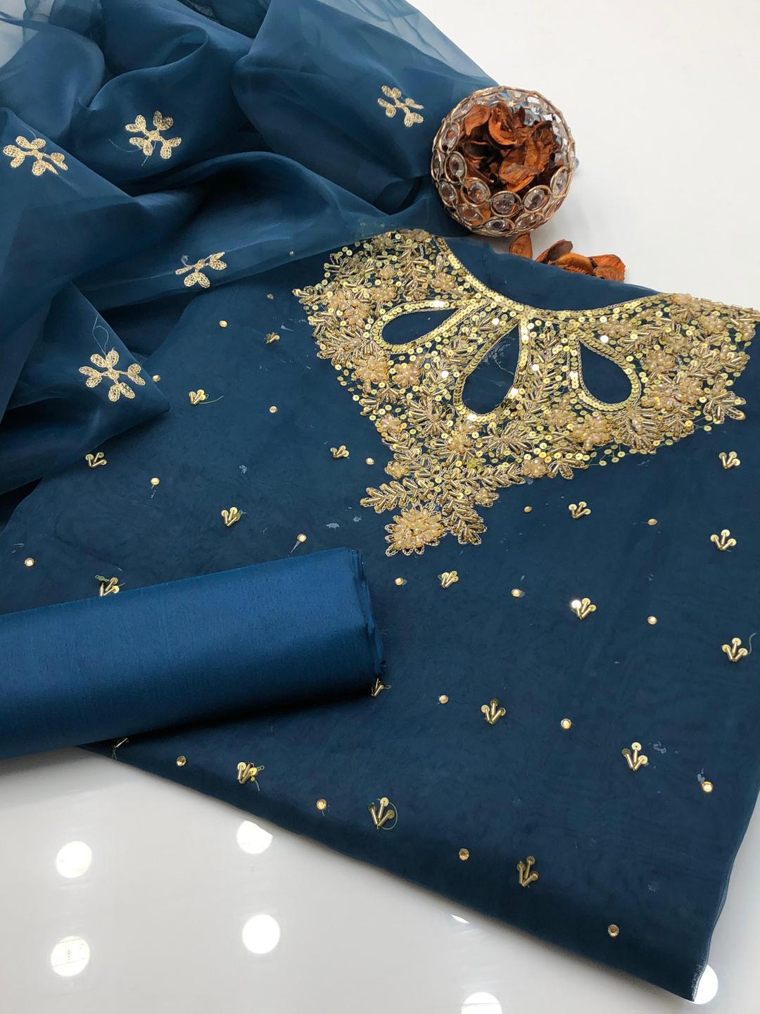 3-Piece Women’s Unstitched Hand-Embroidered Organza & Katan Silk Suit – Turquoise