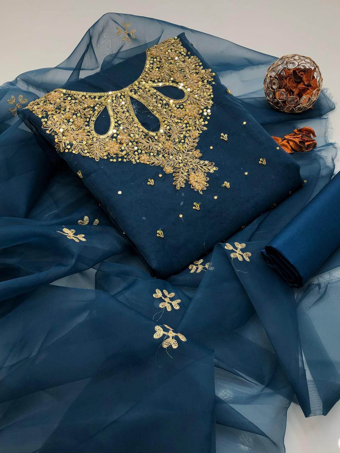 3-Piece Women’s Unstitched Hand-Embroidered Organza & Katan Silk Suit – Turquoise