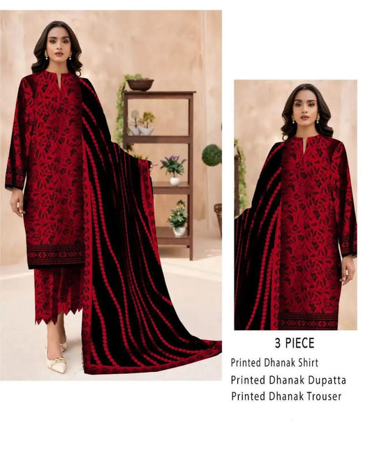3-Piece Women’s Unstitched Printed Dhanak Suit – Maroon | Winter Collection