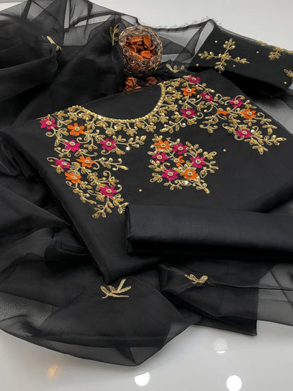 3-Piece Women’s Unstitched Hand-Embroidered Organza & Katan Silk Suit – Lilac