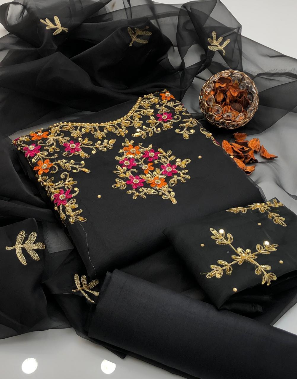 3-Piece Women’s Unstitched Hand-Embroidered Organza & Katan Silk Suit – Lilac